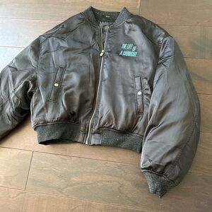 Taylor Swift Satin Bomber Jacket with Turquoise Script
